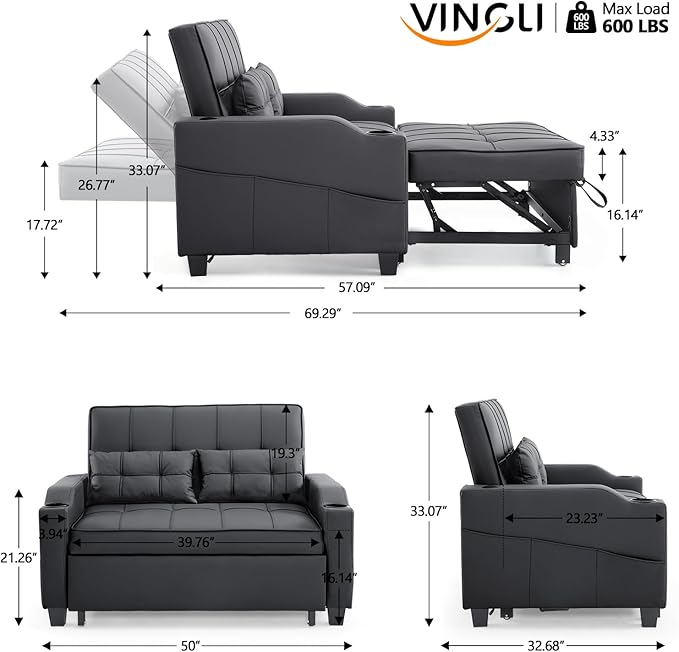 VINGLI Black Futon Sofa Bed Convertible Loveseat Sleeper Couch Faux Leather Pullout Sofa Fold Out Couch Bed with USB Ports Cup Holders Armrest for Living Room Bedroom Apartment Room
