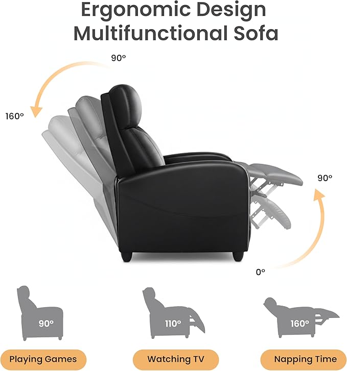 HealSmart Push-Back Reclining Chair Adjustable PU Leather Lounge Seat Comfortable Single Seater for Living Room Bedroom &amp Home Theater Black