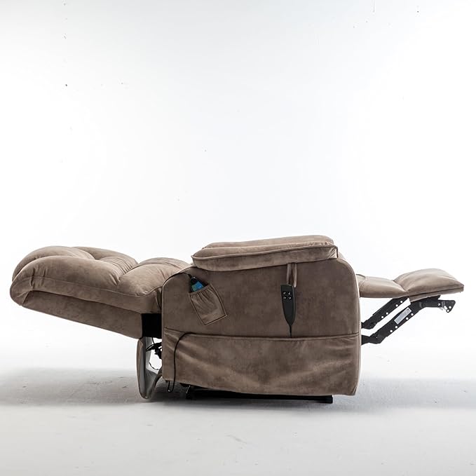 Oversized Power Lift Recliner Chair with 25 Extra-Wide Seat for Big Elderly Adults 180 Degree Lay Flat Electric Lounge Sofa Chair with Massage &amp Heat for Living Room Bearing 400LBS Beige+Brown