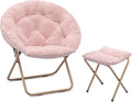 Athena Collection Round Saucer Chair with Ottoman Set for Adults Oversize Comfy Cozy Faux Fur Folding Reading Chair with Metal Leg Lazy Relaxing for Living Room Bedroom Dorm Apartment Pink