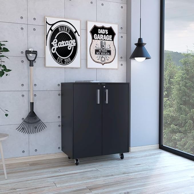 35.43 H Black Mobile Filing Cabinet with Shelf &amp Drawer Double Door 4 Black Wheels Rectangular Portable Filing Cabinet Traditional for Office Study Room