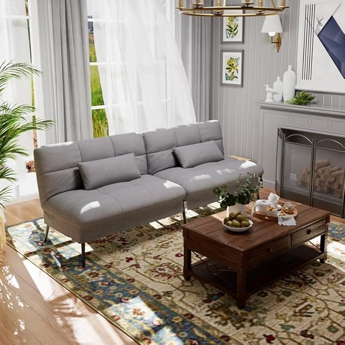 COMHOMA Convertible Sofa Bed68″Fabric Couch with Adjustable BackrestLoveseat Recliner Sleeper Living Room Furniture futon SetGrey