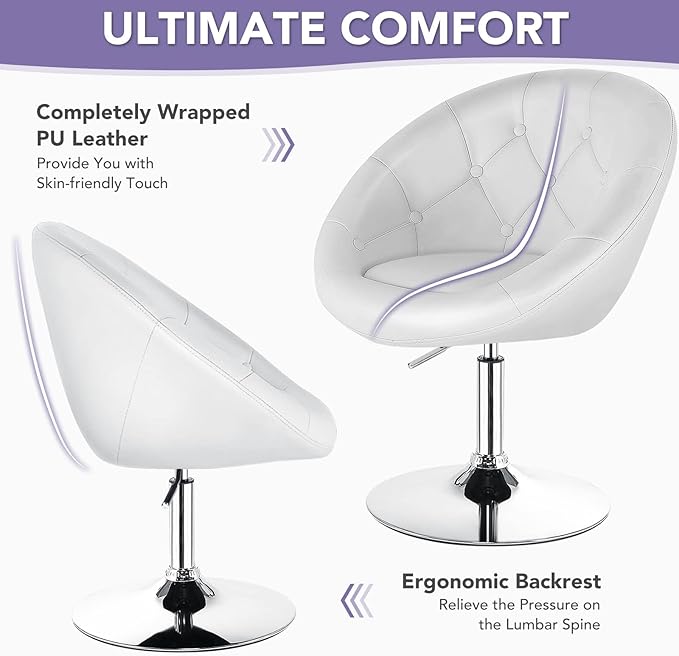 Giantex Swivel Round Vanity Chair Set of 2 Height Adjustable Tilt Makeup Beauty Chair with Back for Makeup Room Barber's Shop Bar Modern Living Room Accent Chairs White