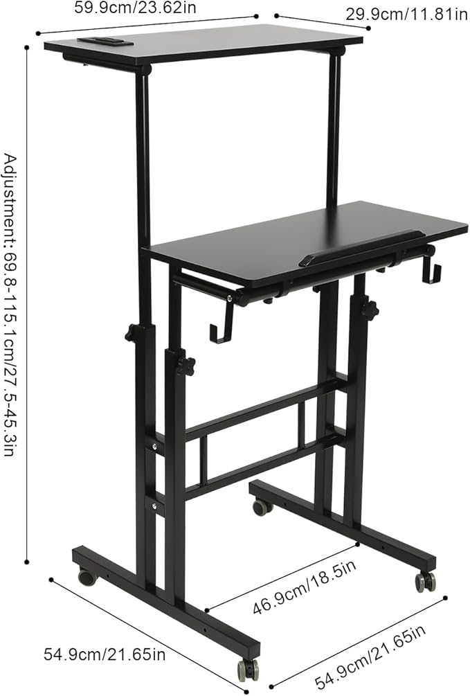 Standing Desk Adjustable Laptop Desk Mobile Stand up Desk with Wheelsfor Standing or Sitting Portable Computer Desk for Home OfficeStudent DormitoriesGame Rooms-Black