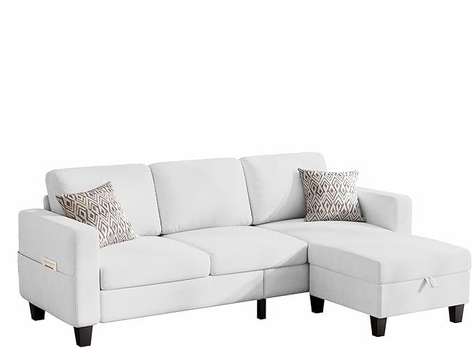 Sectional Sofa Couches for Living Room - 3-Seat White L-Shaped Modern Sofa Couch with Reversible Storage Ottoman &amp Storage Pockets for Living Room Apartment Studio or Small Space | small couch