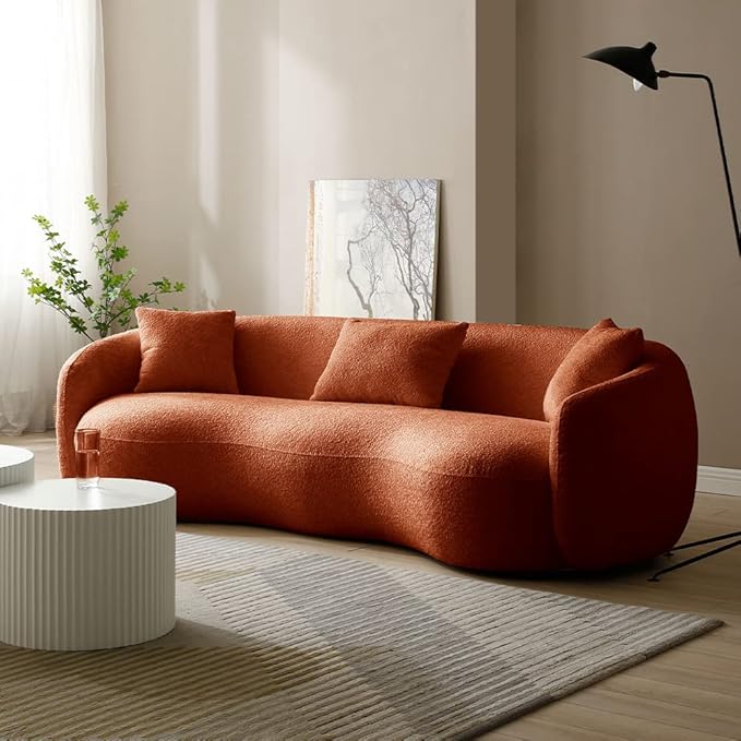 WILLIAMSPACE 93.6 Curved Sofa Modern Upholstered Boucle Curved Couch with 3 Throw Pillows 3-Seat Sofa Couch for Living Room Apartment (Orange)