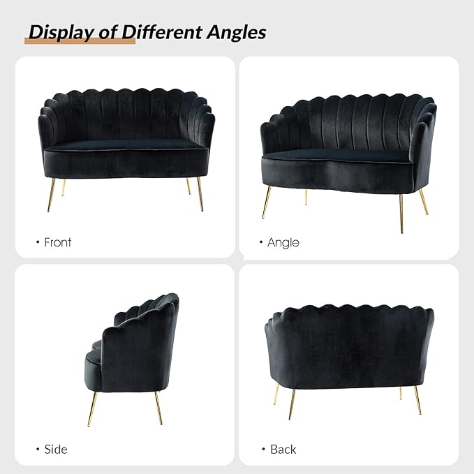 Velvet Upholstered Loveseat Sofa with Gold Metal Legs Modern Comfy Small Love Seat with Flower Shaped Back 2-Seater Sofa Accent Couch for Living Bedroom Leisure Areas