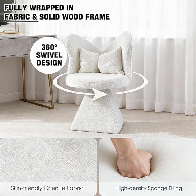 KEIKI 360° Swivel Accent Sofa Chair Armless Chenille Vanity Chair Upholstered Single Sofa for Living Room Bedroom or Vanity White