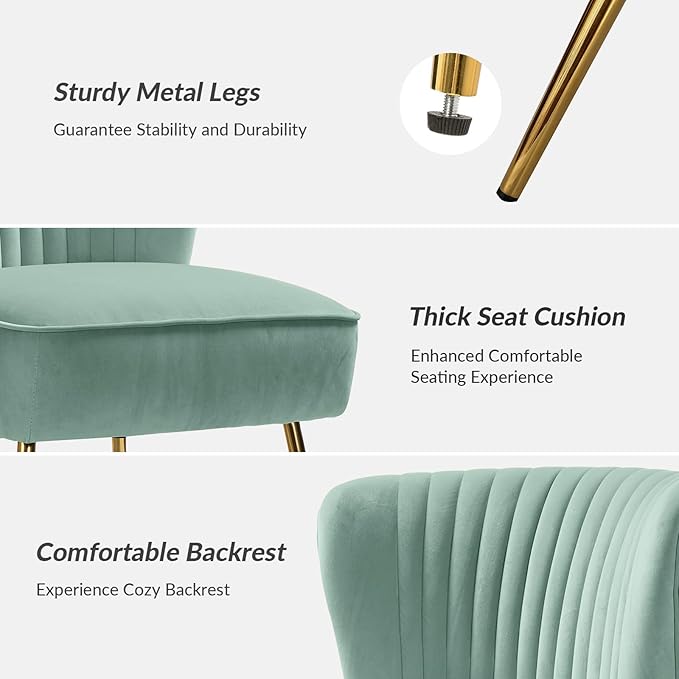 HULALA Home Velvet Accent Chair Set of 2 Modern Armless Upholstered Side Chair with Glam Gold Metal Legs for Vanity Living Room Bedroom - SAGE