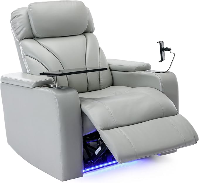 Power Motion Recliner Electric Power Recliner with Hidden Arm Storage Cup Holder Phone Holder Tray Table Faux Leather Rocker Chair for Small Spaces (Light Grey/78)