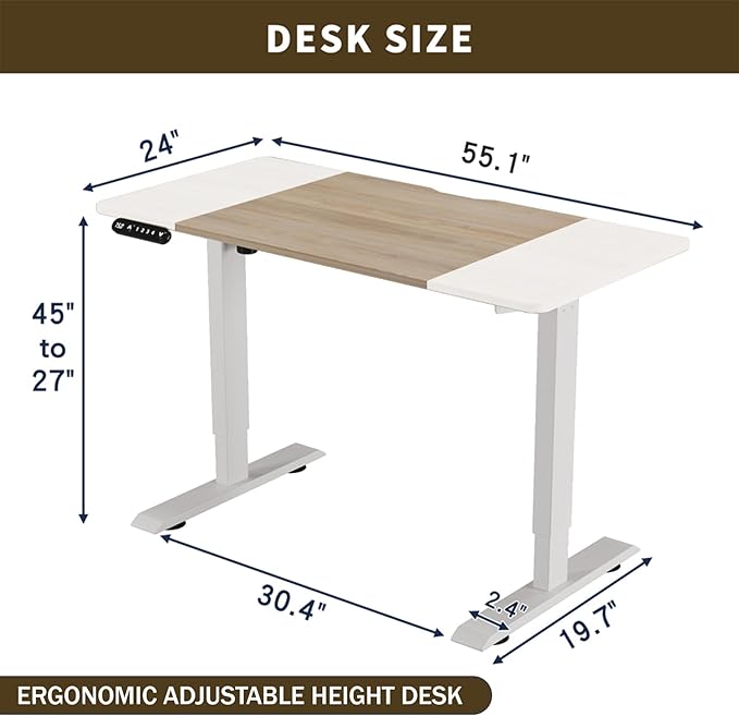 Electric Standing Desk 55 x 24 Inch Height Adjustable Desk Sit Stand Desk with Type-C Charging and Memory Preset Computer Desk for Home Office (Oak + White)
