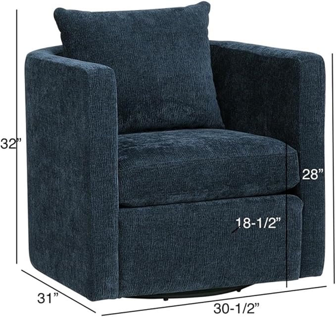 Pemberly Row Modern Navy Blue Fabric Swivel Barrel Accent Chair 32 in x 31.5 in x 31 in Upholstered Polyester Stain-Resistant Reversible Cushions Comfortable for Living Room or Study Use