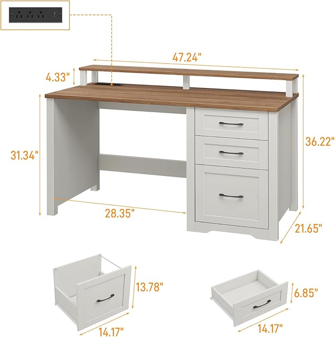 Vabches 47 Farmhouse Executive Desk with Monitor Stand &amp File Cabinet3 Drawers Computer Desk with LED Lights and Power OutletsWorkstation for Home Office StudyWriting.（Unique White）
