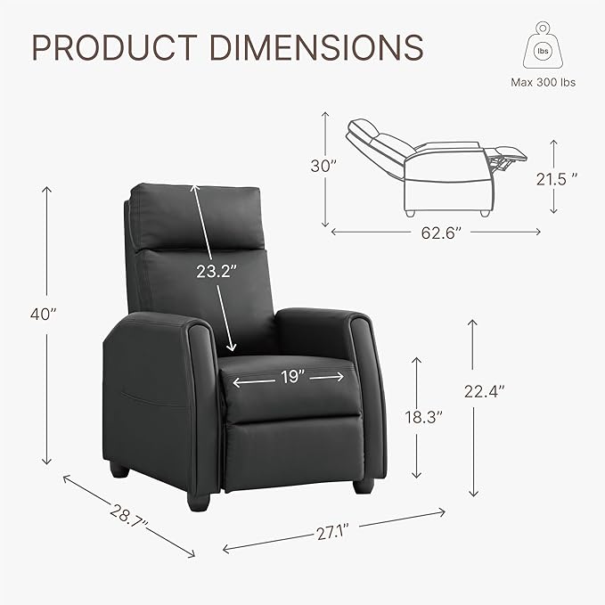 Recliner Chair for Adults Push Back Armchair Home Theater Seating with Lumbar Support Single Sofa for Living Room with Massage &amp Heat Vibration Black(PU Leather with Lights)