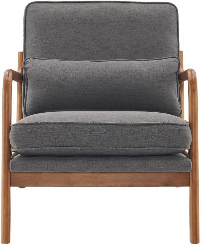 Accent Chair with Lumbar PillowUpholstered Armchair with Solid Wood FrameLinen Fabric Reading Chair with Oak ArmrestLounge Chair for Living Room Bedroom Apartment