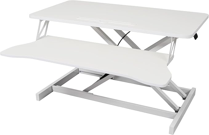 32 Inch Stand Up Laptop Desk Converter Heavy Duty Height Adjustable Standing Computer Workstation Riser with Removable Keyboard Tray for Home Office Workshop Spacious Platform for Monitor White