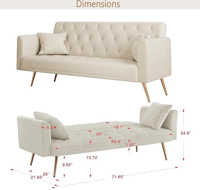 Modern Velvet Sofa Bed Futon with 2 Pillows2-in 1 Convertible Sleeper Couch BedFolding Recliner Loveseat with Golden Metal Legs for Living Room Apartment Office (Beige)