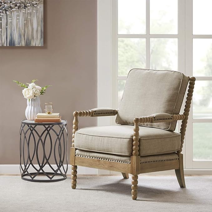 Madison Park Donohue Mid-Century Modern Accent Chairs for Living Room with Nailhead Trim Solid Wood Oakwood Finish Upholstered Seat Lounge for Reading Bedroom Furniture Light Grey
