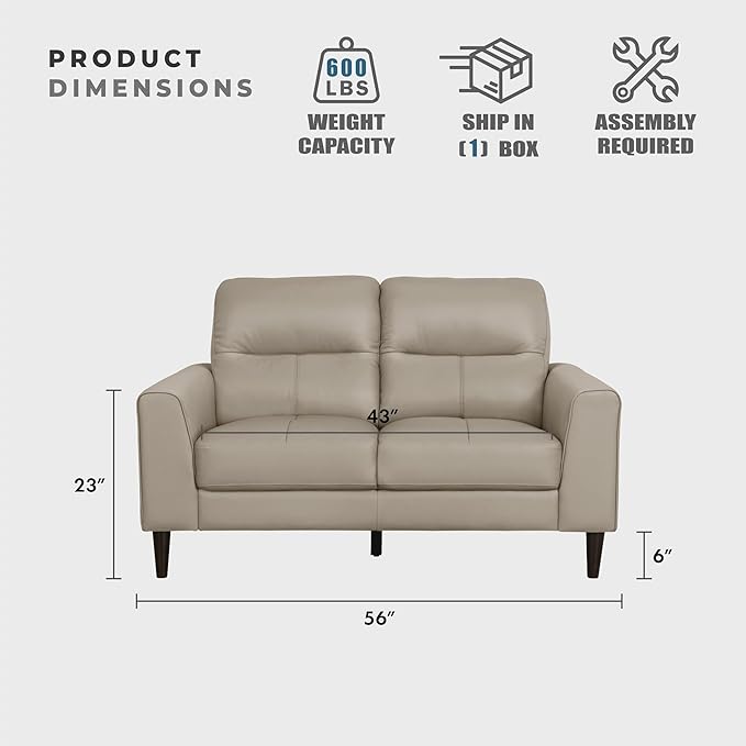 Lexicon Leather Match Loveseat Sofa Modern Couch Sofa Oversized Loveseat Solid Wood Legs Top Grain Leather 2 Seater Couch for Living Room Bedroom Office Apartment Waiting Room Latte