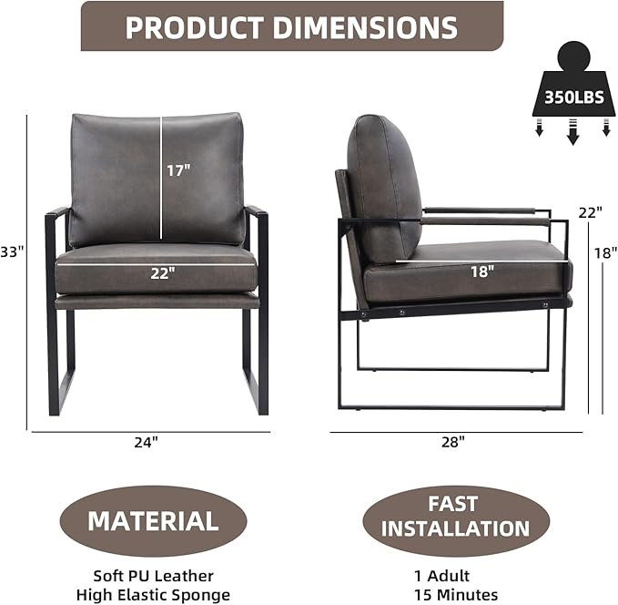 INZOY Mid Century Modern Accent Chair with Removable Cushions Set of 2 Comfy PU Leather Living Room Chairs with Thicker Backrest and Cushion Metal Frame Design Dark Grey
