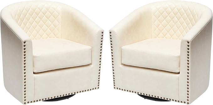 KINWELL 50 Faux Leather Upholstered Loveseat Sofa with 2 Swivel Barrel Accent Chairs Minimalist Comfy 2-Seater Couch and Armchair for Small Spaces Apartment Cream