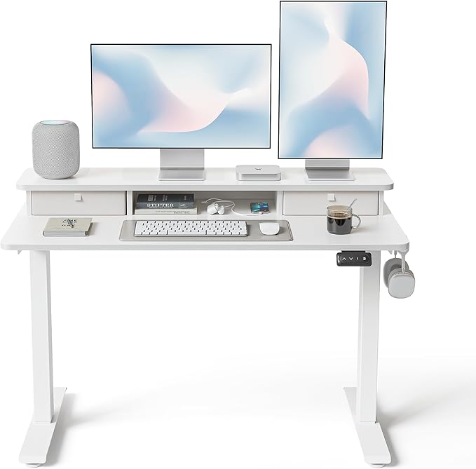 FEZIBO 48 x 24 Inch Height Adjustable Electric Standing Desk with Double Drawer Computer Desk Home Office Stand Up Table with 4 Height-Adjustable Feets &amp 2 Hooks White