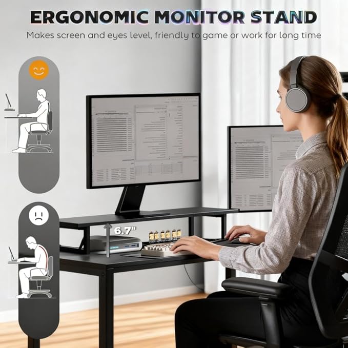 61.6'' L Shaped Gaming Desk with Power Outlets &amp LED Lights Reversible Computer Table with Monitor Stand and CPU Shelf Cornor Office Table PC Desk for Writing Study (Black)