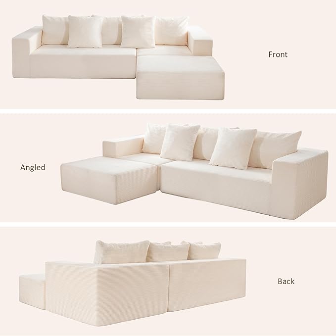 INGEROOM 108 Cloud Sectional Couch with L-Shape Chaise Modular Sofa Memory Foam Boneless Sofa with Movable Ottoman Upholstered Couches for Living Room Bedroom No Assembly Required Beige