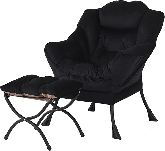 Welnow Lazy Chair with Ottoman Modern Accent Chair with Armrests and a Side Pocket Leisure Sofa Armchair Reading Armchair with Footrest for Small Space Black