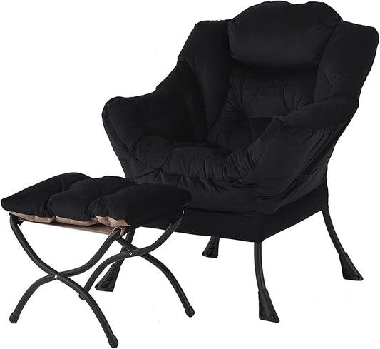 Welnow Lazy Chair with Ottoman Modern Accent Chair with Armrests and a Side Pocket Leisure Sofa Armchair Reading Armchair with Footrest for Small Space Black