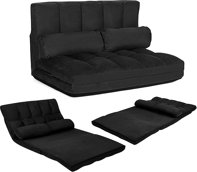 KOMFOTT Adjustable Floor Sofa Bed Foldable Lazy Sofa Sleeper Bed with 6 Position Backrest &amp 2 Pillows Convertible Futon Couch Bed with Suede Cloth Cover Lounge Recliner for Living Room (Black)