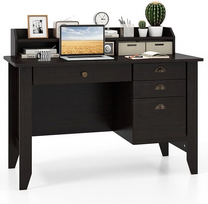 GLACER 48 Computer Desk with 4 Storage Drawers &amp Hutch Home Office Desk with Cable Hole for PC Laptop Wooden Writing Workstation Gaming Desk for Office Study Bedroom Small Spaces (Black)