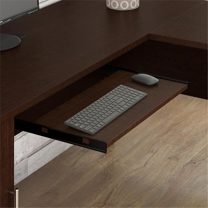 BOWERY HILL 71 Wood L-Shaped Desk Mocha Cherry Finish Transitional Home Office Desk Keyboard Tray Vertical Cabinet File Drawer Box Drawer Wire Management 72W Surface