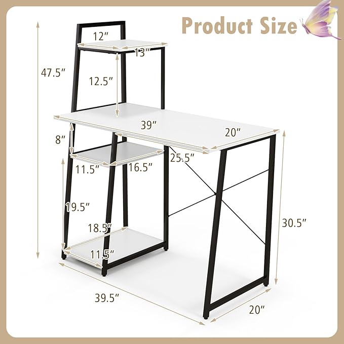 COSTWAY Computer Desk with 4-Tier Storage Shelves Home Office Desk Writing Table with Sturdy X-Shape Frame Adjustable Foot Pads Modern Simple Style Study Desk Wide Tabletop (White and Black)
