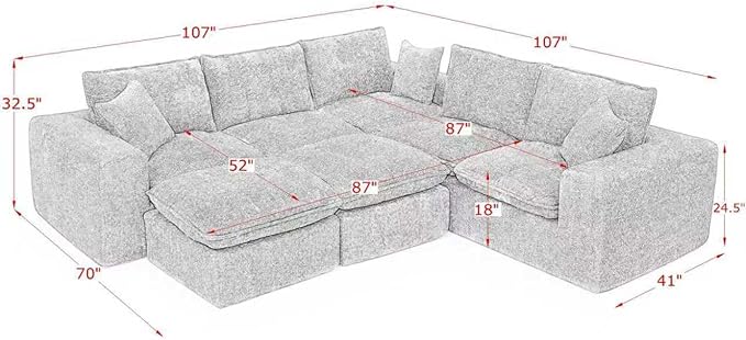 L-Shaped Boneless Modular Sectional Cloud Couches 7 Seat Modular Boucle Floor Foam Boneless Sofa Couch with Ottomans Headrest Pillows and Removable Cushions