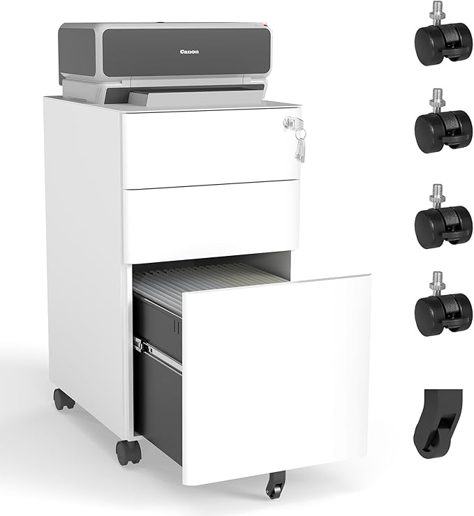 3-Drawer Mobile File Cabinet with Lock Black Small Under Desk Metal Rolling Filing Storage Cabinets with Casters for Home Office Fully Assembled Holds A4/Letter Files (White+3-Drawer 24.02)