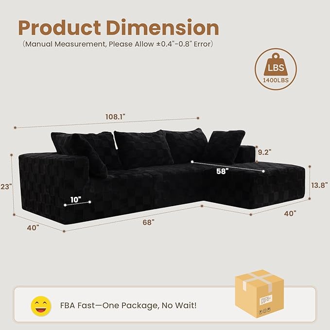 Modular Sectional Sofa 108 L-Shaped Boneless Couch with Deep Seat Corduroy Cloud Couch for Living Room Bedroom No Assembly Required Ship in a Box Checkered Black