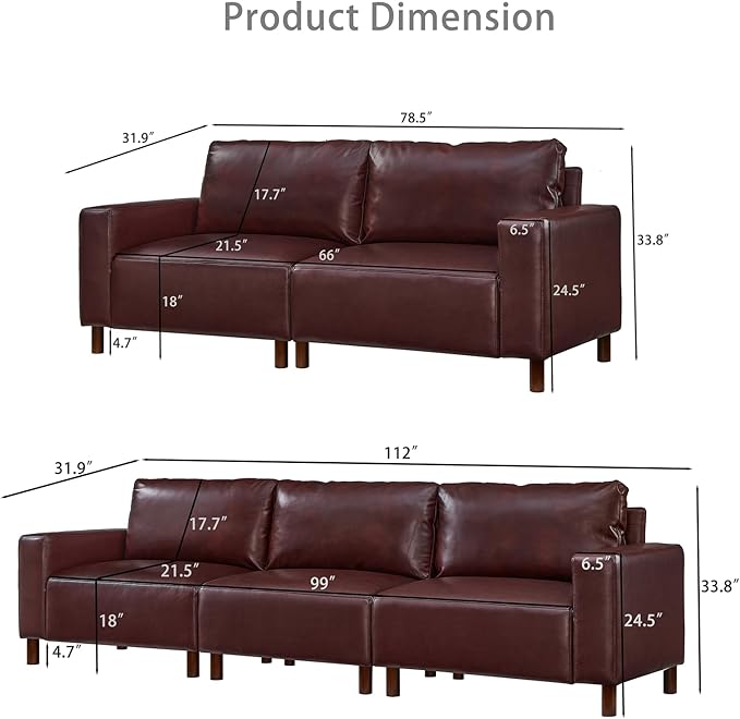 Mid-Century Modern Sofa Set of 2 PU Leather 3-Seater Couch with Solid Wood Legs &amp Square Armrests Lounge Comfy Loveseat Sofa Upholstered Cozy Couch for Living Room Office(78.5W + 112W Burgu