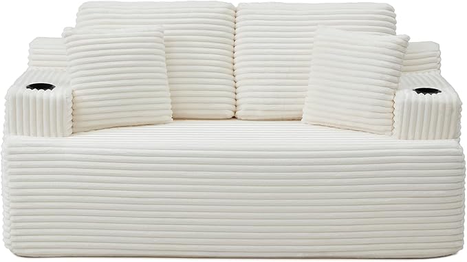 Loveseat Sofa Cloud Boneless Couch Corduroy Upholstered Deep Seat Beanbag Sofa Chair with Cup Holder &ampSide Pocket Modern Comfy Compression Memory Foam Couch for Living Room Bedroom(66.5 W Bei