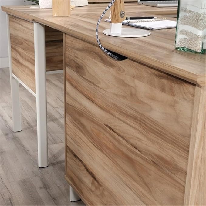 Pemberly Row L-Shape Desk 65 in x 65 in x 30 in Engineered Wood &amp Metal Kiln Acacia Brown Finish 2 Drawers with File Storage Open Shelf Cord Management Modern Home Office Desk