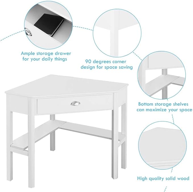 LDAILY White Corner Desk Triangle Makeup Vanity Desk for Small Space Compact Writing Desk with Storage Shelves &amp Drawer Space Saving Corner Computer Desk for Bedroom Home Office