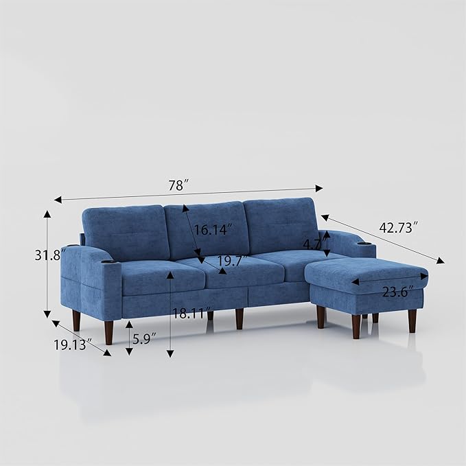 L Shaped Sectional Sofa with Storage Footstools USB Port Cup Holder Convertible Sofa for Living Room Office Bedroom Navy Blue