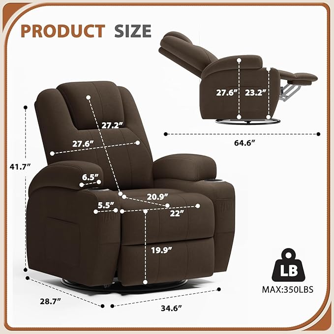 Flamaker Swivel Rocker Recliner Chair with Vibration Massage 360° Swivel Recliner Chairs for Adults Ergonomic Lounge Chair with Cup Holders Lazy Boy Recliner Single Sofa Seat (Fabric Brown)
