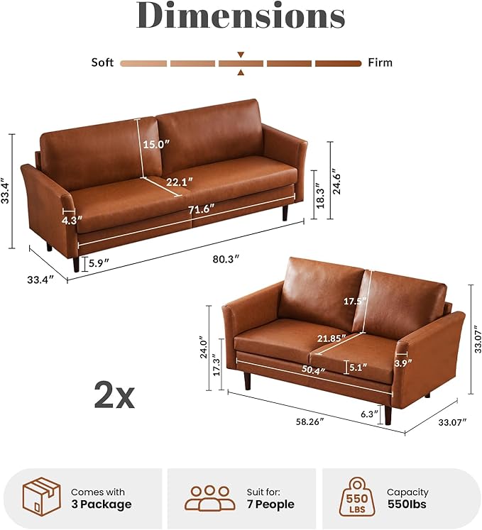 Kingfun Living Room Furniture Sets 3 Seater Sofa Loveseat and Loveseat Mid Century Modern Sofa Set Faux Leather Couch with Solid Wood Frame for Living Room &amp Bedroom Chestnut