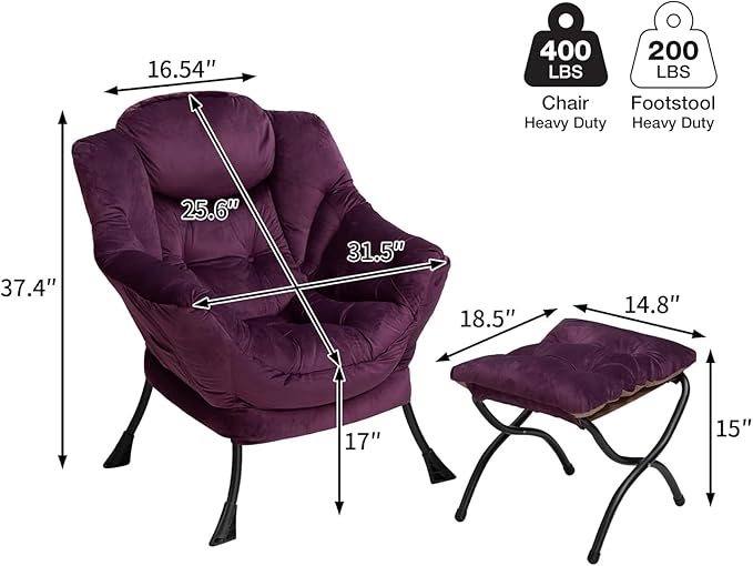 HollyHOME Lazy Chair with Foldable Ottoman Accent Comfy Lounge Armchair and Folding Footrest Stool Leisure Sofa Reading Chair and Footstool for Living Room Bedroom DormVelvet Purple