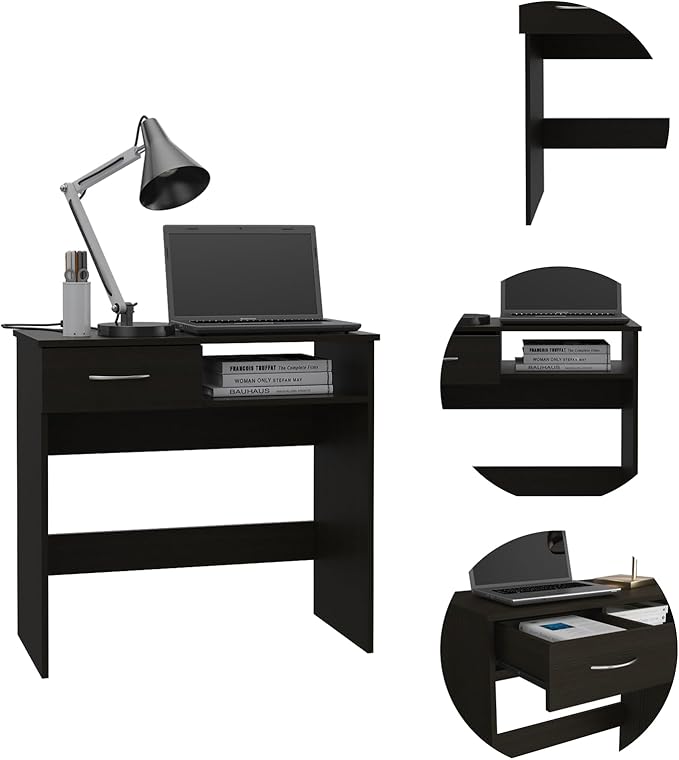 Epinki Home Office Desk Set Single Drawer Keyboard Tray Bookcase Black Particle Board