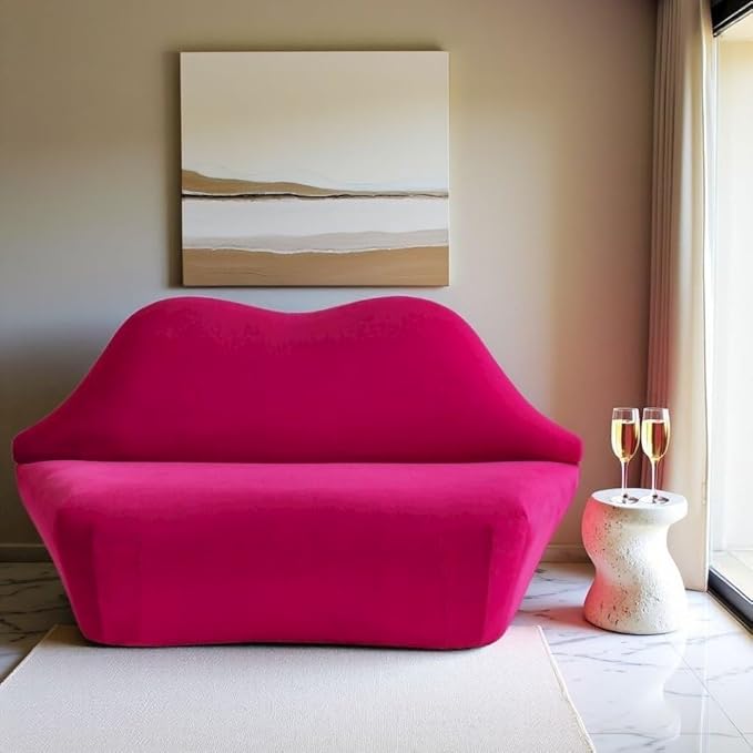 Hot Pink Velvet Loveseat with Sculpted Back A Unique Lips Sofa Design