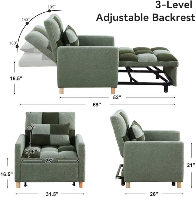 Sleeper Chair Bed - Convertible Single Sofa Chair Bed with PillowPull Out Sleeper Bed with Adjustable BackrestMulti-Functional Lounge Chair with Teddy Fabric for ApartmentLiving Room (Green)