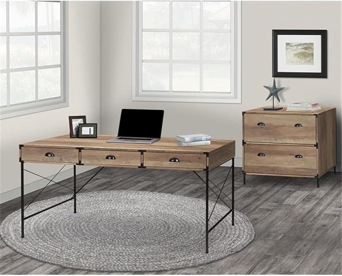 Pemberly Row 3-Drawer Engineered Wood Writing Desk Rustic Oak Finish 59 W x 29.5 D x 29.5 H Manufactured Wood and Metal Frame Modern Style Desk for Home Office Bedroom or Living Room Use