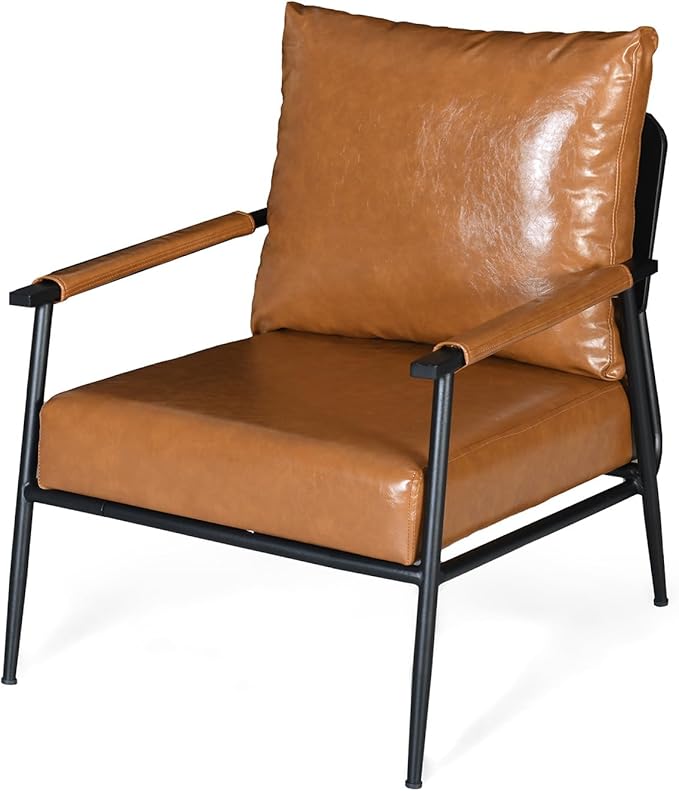 Mid Century Modern Accent Chair with Brown Faux Leather Upholstery Padded High Backrest Metal Frame and Wood Armrests Perfect for Living Room Bedroom Office Brown